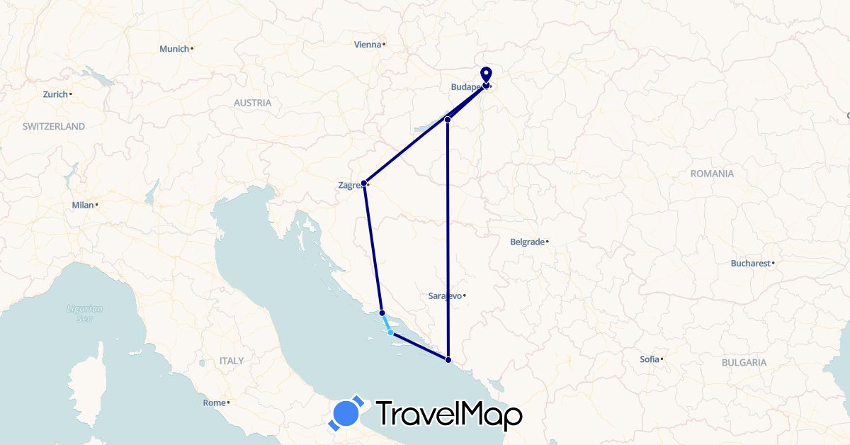 TravelMap itinerary: driving, boat in Croatia, Hungary (Europe)